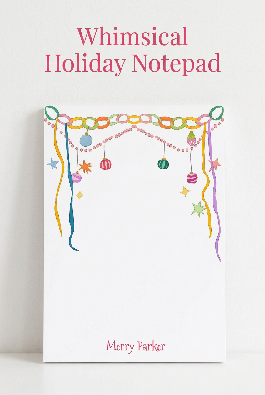 Pinterest image with Whimsical Holiday Notepad text overlay