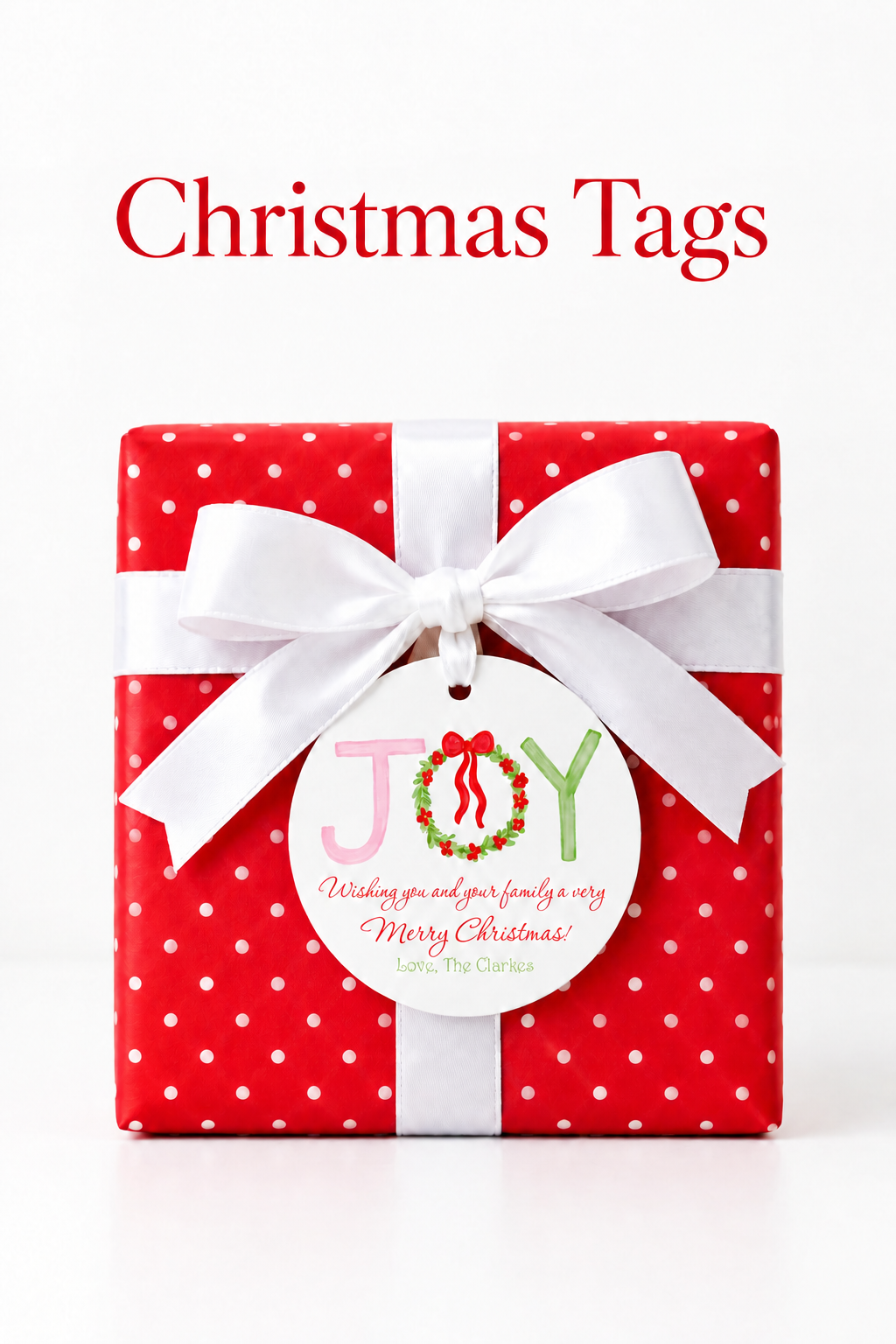 Pinterest portrait of the JOY tag on a red polka-dot present
