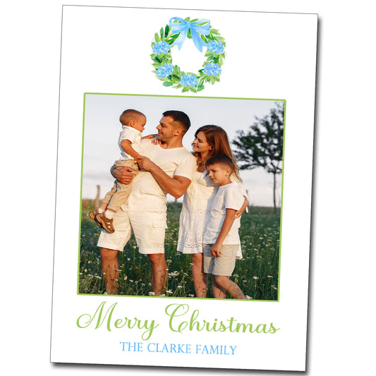 Christmas Cards - Hydrangea Wreath Blue Bow