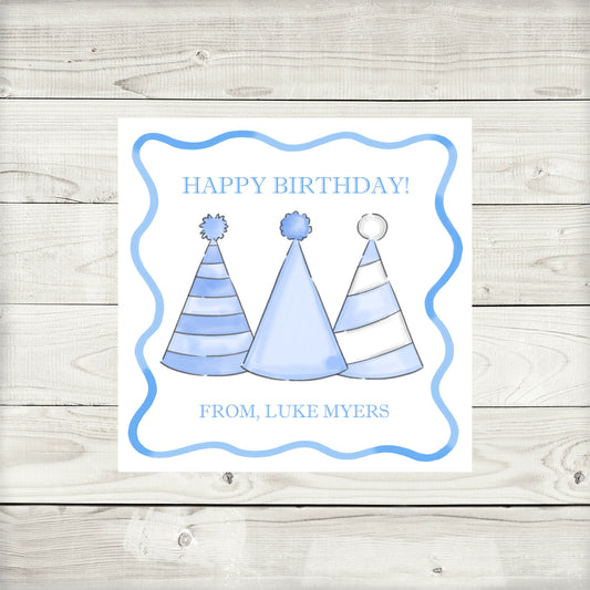 Birthday Tags, Blue Party Hats