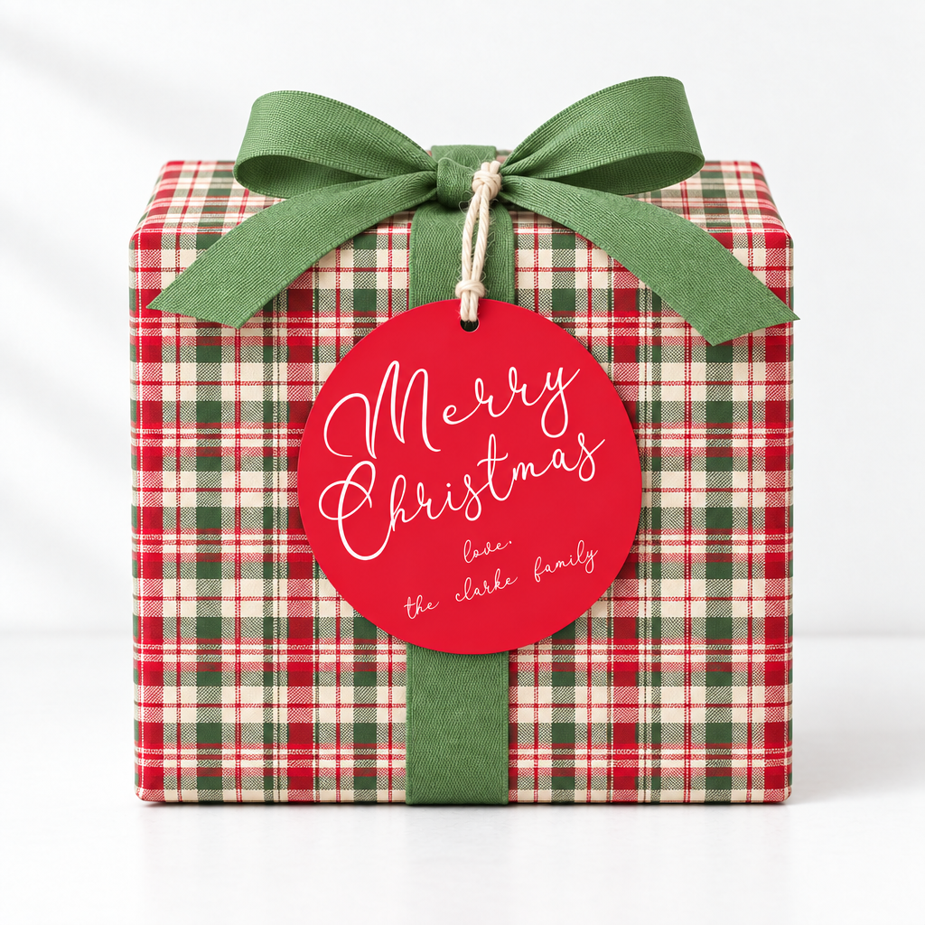 Christmas gift tag with coordinated plaid and lighter green bow