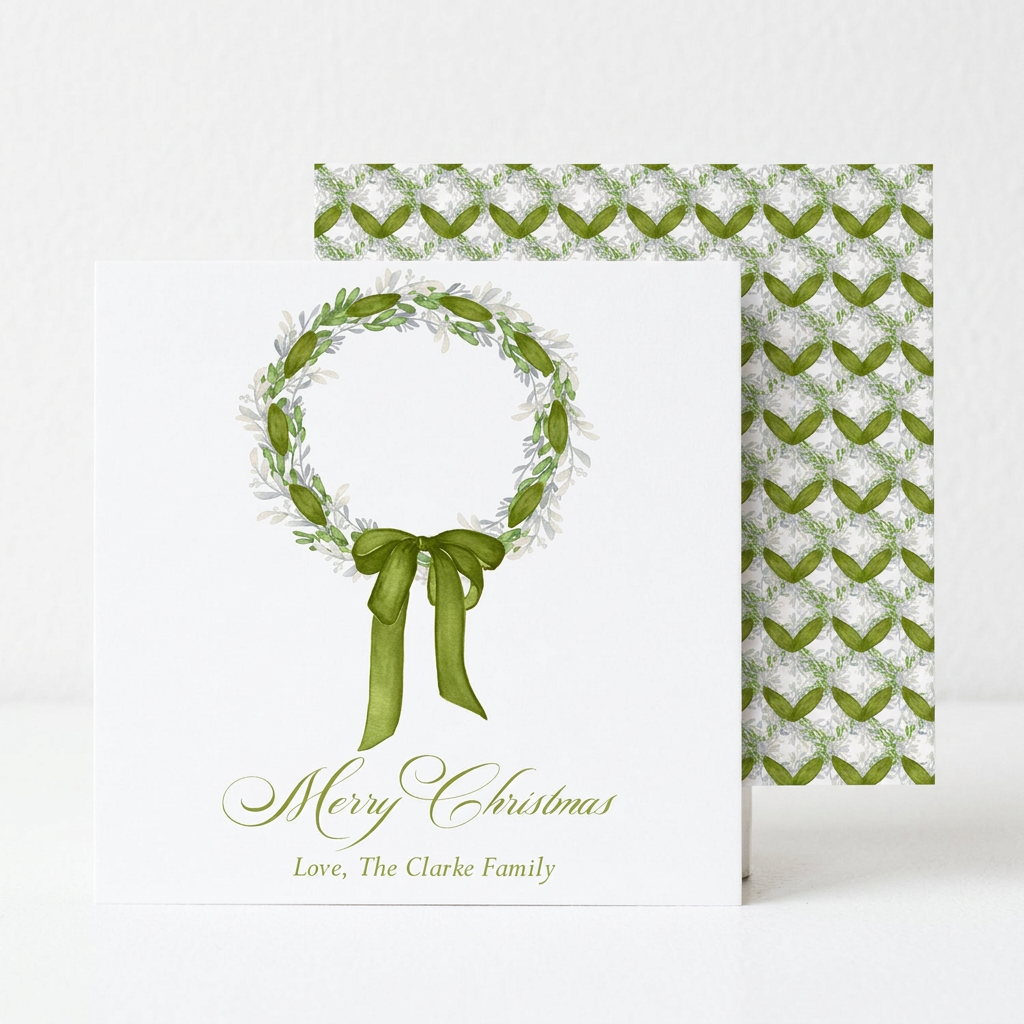 Front and back square green wreath gift tags