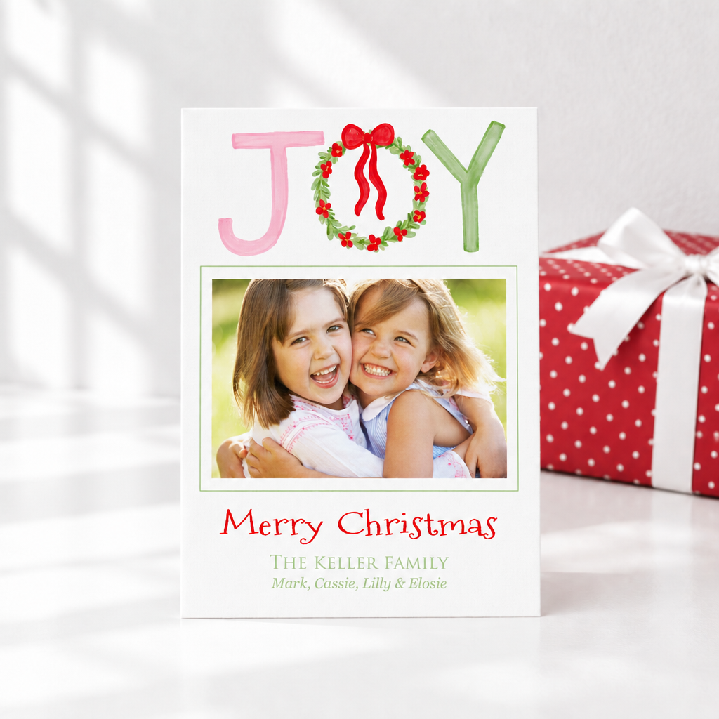JOY Christmas card lifestyle photo without envelopes
