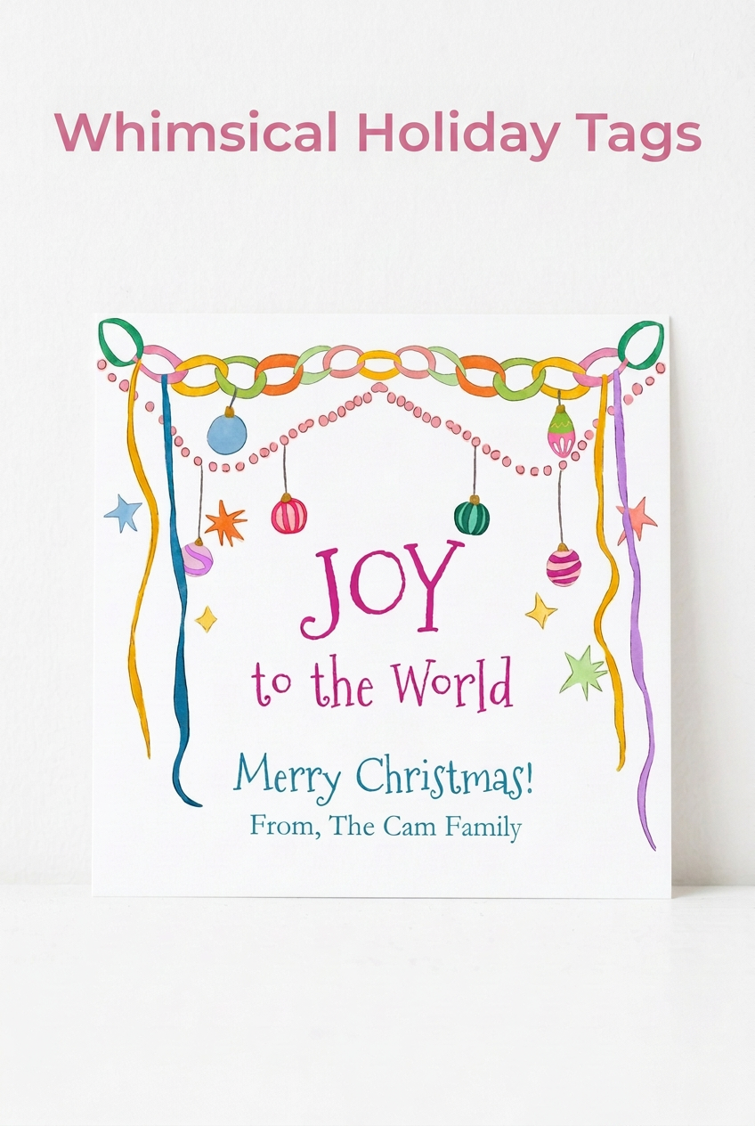 Pinterest image with non-script Whimsical Holiday Tags headline