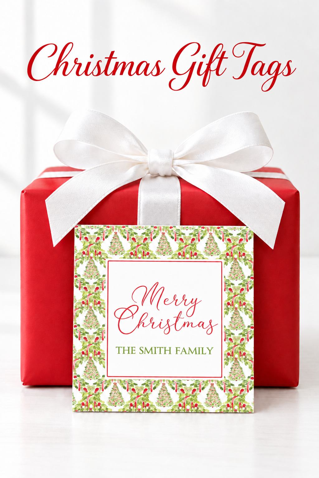 Pinterest photo with solid red wrapping paper and Christmas Gift Tags overlay