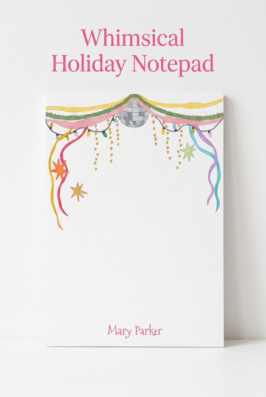 Pinterest photo with Whimsical Holiday Notepad overlay