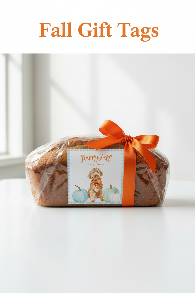 Pinterest pumpkin bread image with Fall Gift Tags overlay