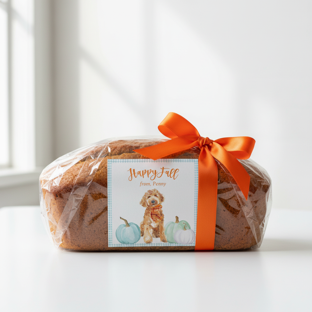 Pumpkin bread gift with fully visible front-mounted tag